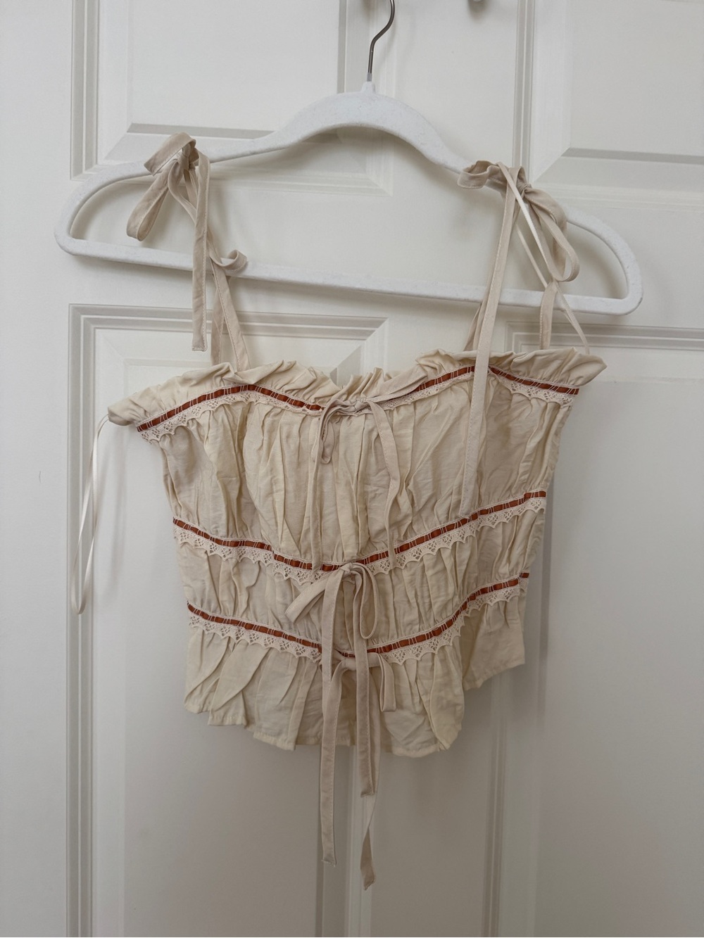 Boho Tie-Front Cream Ruffle Cami Top